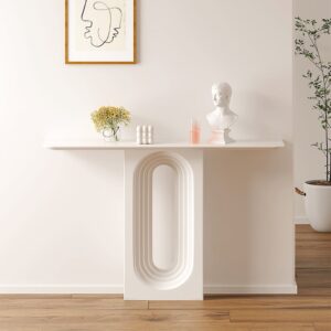 47" Modern Narrow Wood White Console Table with Geometric Pedestal Entryway Table
