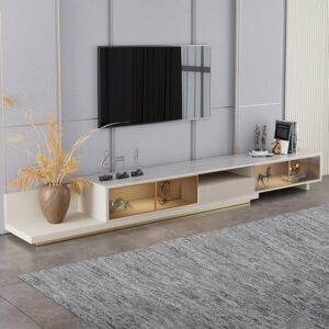 LED Light Extendable TV Stand Light Khaki Floor Media Console with Glass Door & Drawers