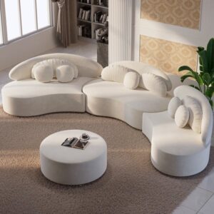 146" 4-Piece Curved Velvet Sectional Sofa with Ottoman & Pillows