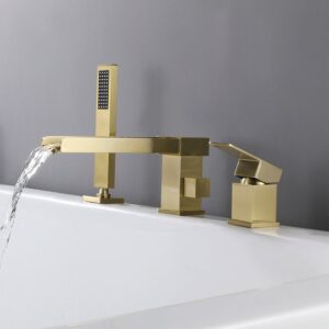 Mill Deck-Mount Waterfall Roman Bathtub Filler Faucet with Handshower in Brushed Gold