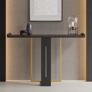 47" Narrow Console Table for Entryway Foyer Black Solid Wood & Gold Metal in Large