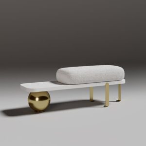 White & Gold Wooden Entryway Bench Fleece Upholstered with Abstract Metal Legs