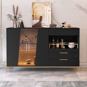 Dolawn Series 55.1" Modern Wood Sideboards and Buffets Black with Tray Wine Rack