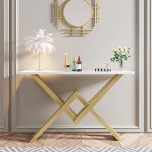 47.2" Narrow Rectangle White Console Table with Wooden Top and Gold Metal Base