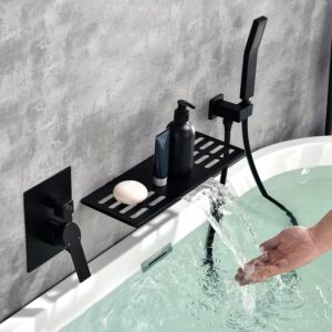 Modern Waterfall Wall Mounted Single Handle Bathtub Faucet With Handshower in Black