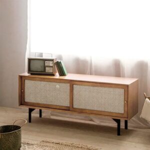 Cottage Natural 60 inch TV Stand with Rattan Woven Doors & Adjustable Shelves