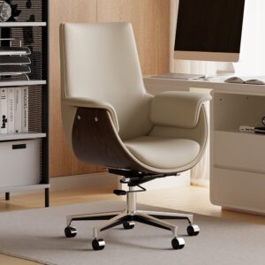 Gray Leather Modern Home Office Chair Upholstered High Back Desk Chair Wood Grain Frame