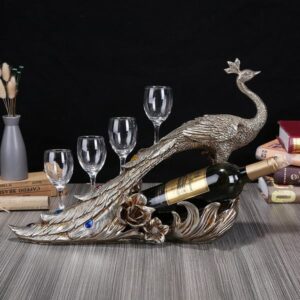 Modern Peacock Wine Glass Rack Tabletop Wine Bottle Holder in Antique Silver