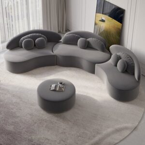 146" 4-Piece Curved Velvet Sectional Sofa with Ottoman & Pillows