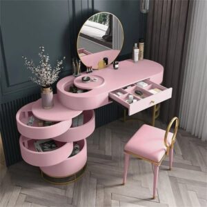 Pink Girls Makeup Vanity Set with Side Cabinet 4 Drawers Dressing Table Mirror & Chair
