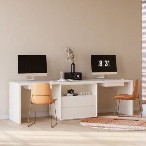 2-Person Double Desk Modern White Rectangular Office Desk 4 Drawers & 1 Cabinet (94.5" )