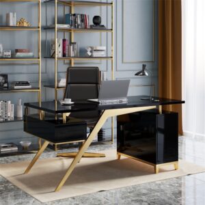 Hungled 71" Modern Black and Gold Office Wooden Executive Desk with Storage File Cabinet