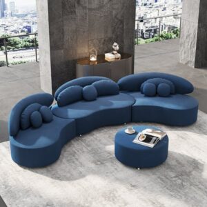 146" 4-Piece Curved Velvet Sectional Sofa with Ottoman & Pillows