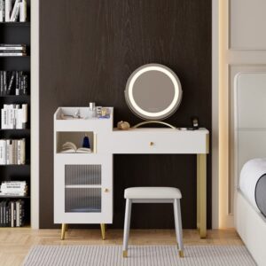 Modern White Retractable Makeup Vanity Set with Side Cabinet Dressing Table with Light