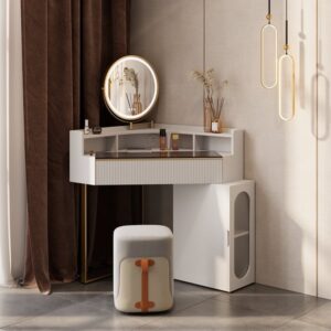 Modern White Corner Makeup Vanity Set with Acrylic Top & Mirror & Stool & Cabinet