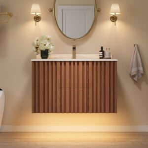 Aura 36" Bathroom Vanity with Light Ash Wood Slatted Panels Faux Travertine Top